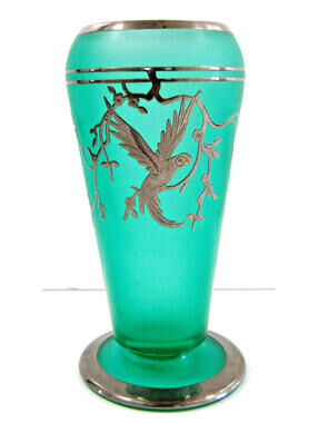 Tiffin Glass Dahlia Vase Green with Rockwell Parrot Sterling Overlay June 1932